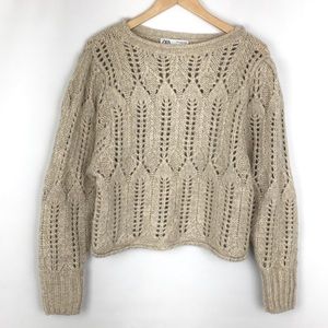 Zara Sweater Chunky Open Knit Boxy Cropped Tan Oatmeal Color